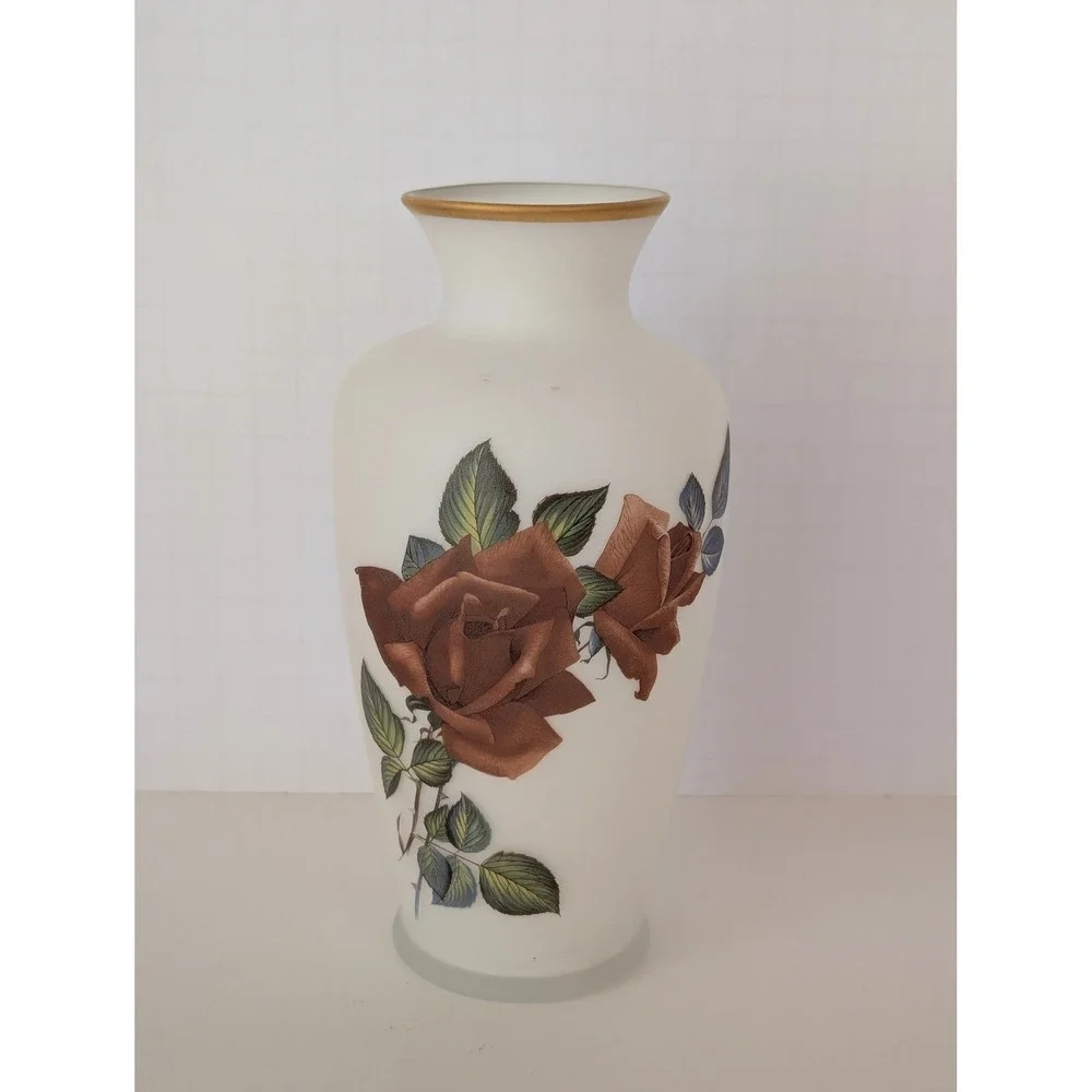 Vintage‎ Napcoware Frosted Satin Glass Vase Red Rose Floral Gold Rim Japan
